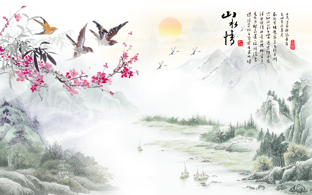 山水情中式电视背景墙