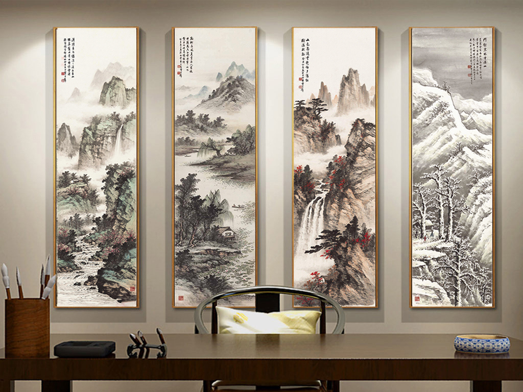 【本作品下载内容为:"大气国画名家工笔山水春夏秋冬四联装饰画"模板,其他内容仅为参考,如需印刷成实物请先认真校稿,避免造成不必要的经济损失。】 【声明】未经权利人许可,任何人不得随意使用本网站的原创作品(含预览图),否则将按照我国著作权法的相关规定被要求承担最高达50万元人民币的赔偿责任。