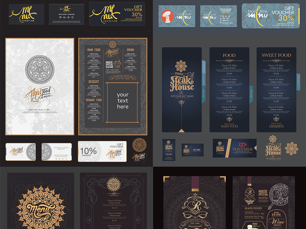 高档西餐厅菜单菜谱美食促销订餐卡矢量模板