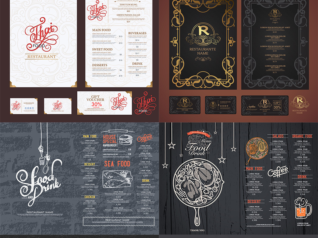 高档西餐厅菜单菜谱美食促销订餐卡矢量模板