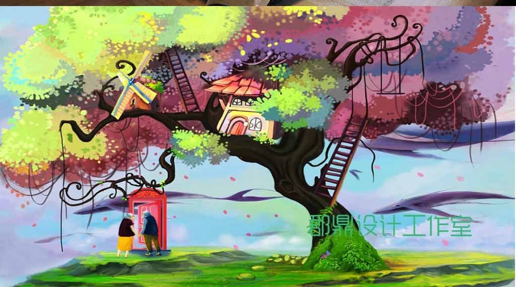 奇幻森林彩虹树屋下的老人