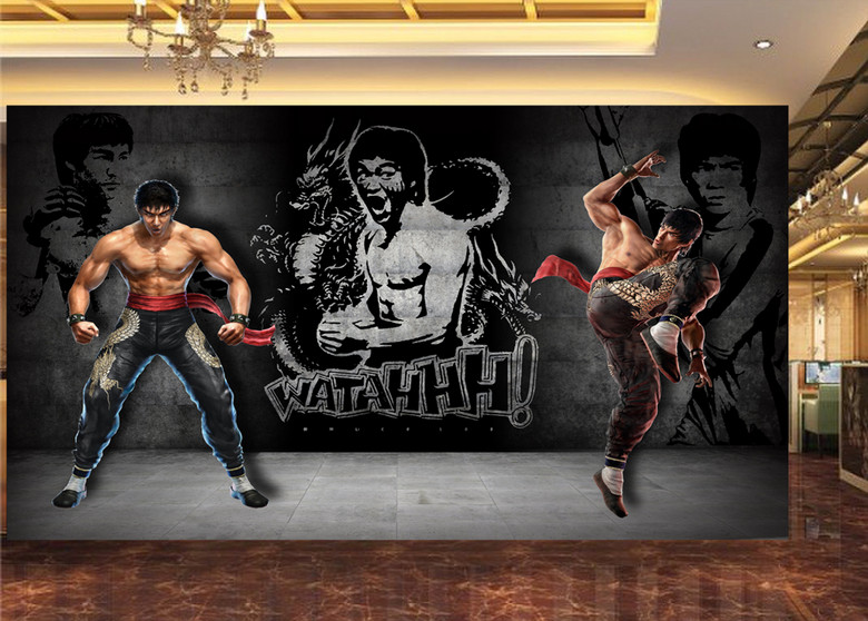 3D立体怀旧墙壁动漫人物李小龙工装背景墙(图
