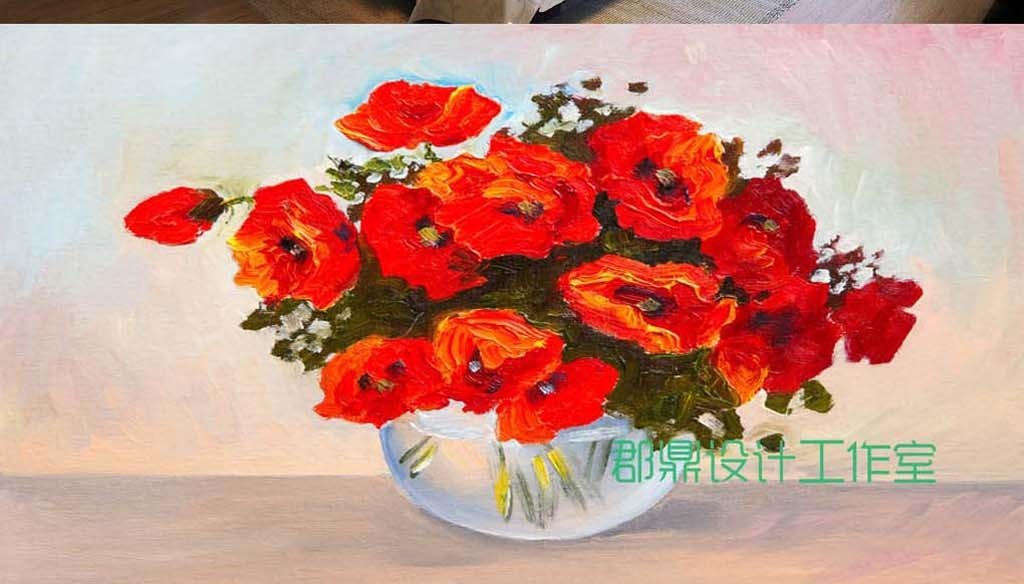 巨幅手绘油画花卉花朵红色背景墙壁纸