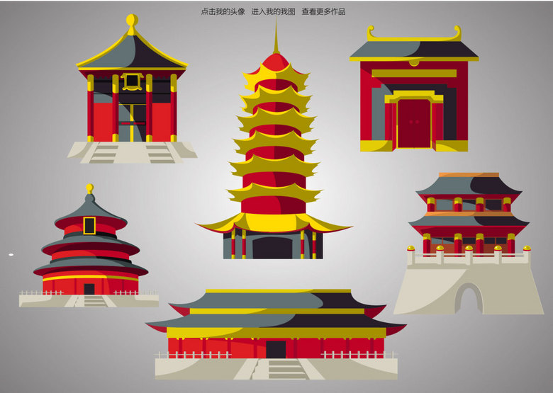 中国传统特色古建筑矢量图