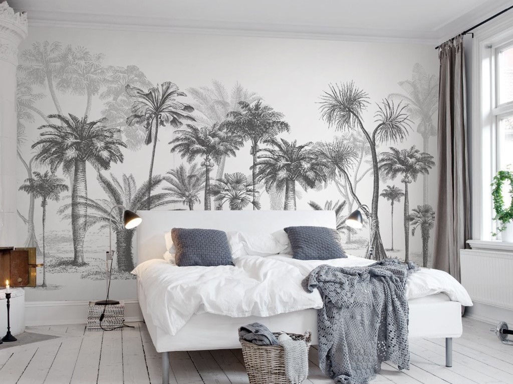 黑白素描风格热带雨林椰子树北欧电视背景墙