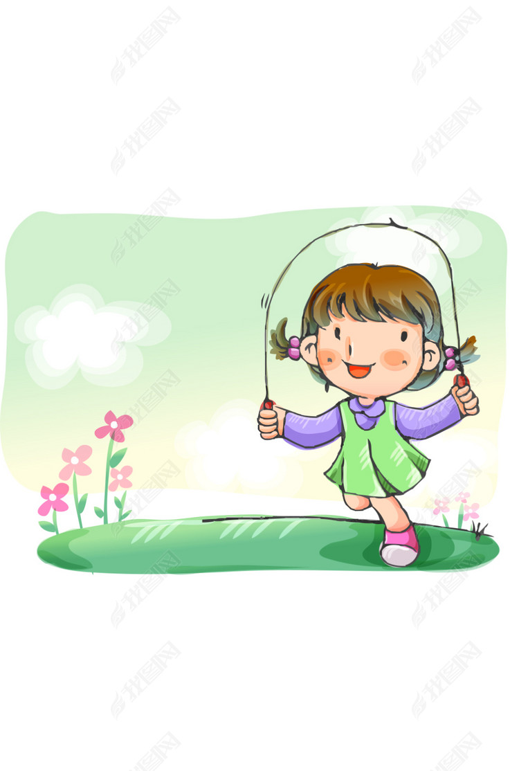 可爱水彩甜美手绘小女孩跳绳
