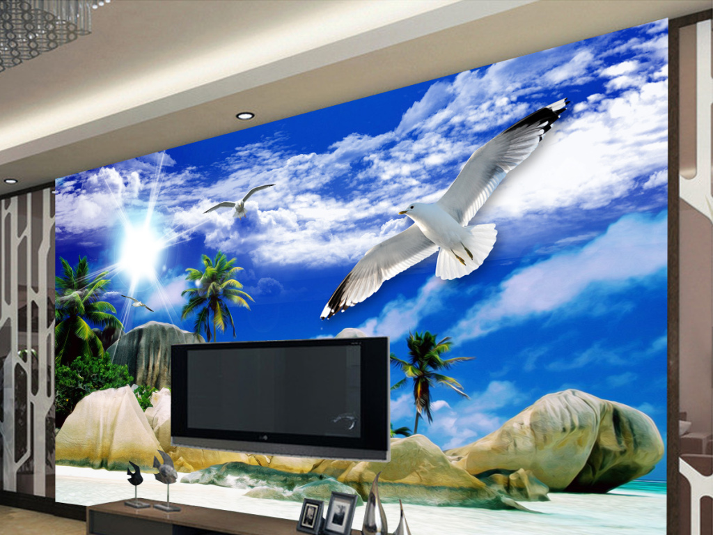 蓝天白云海滩风景3D立体壁画电视背景墙