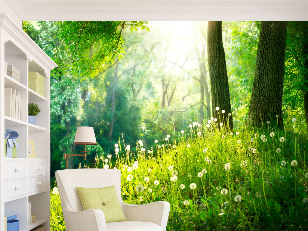 绿色风景树林花草浪漫背景墙