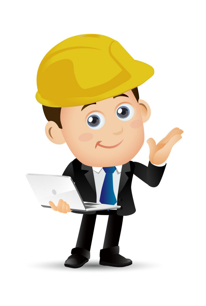 卡通可爱建筑工程师用笔记本电脑工作(图片编