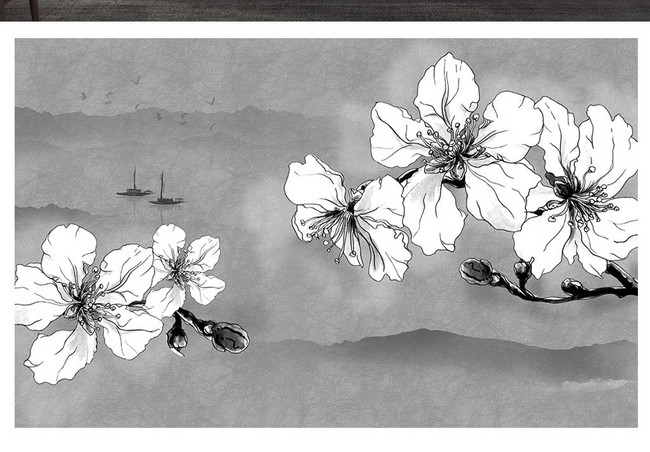 现代新中式黑白北欧宜家梅花山水电视背景墙(