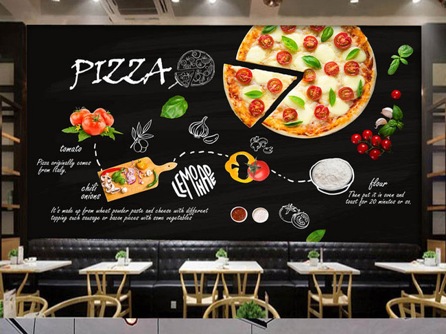 黑色手绘意大利披萨店西餐厅背景墙(图片编号