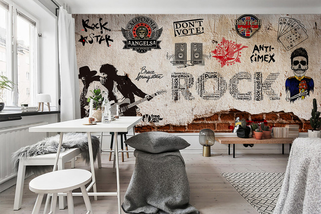 3D立体复古砖墙木板壁画欧美摇滚音乐壁纸(图