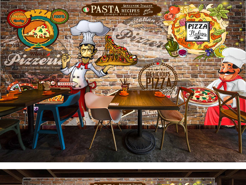 复古怀旧意大利比萨美食背景墙
