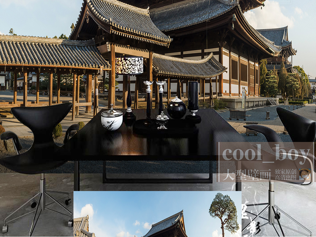 新中式古典亭台楼阁传统建筑工装背景墙