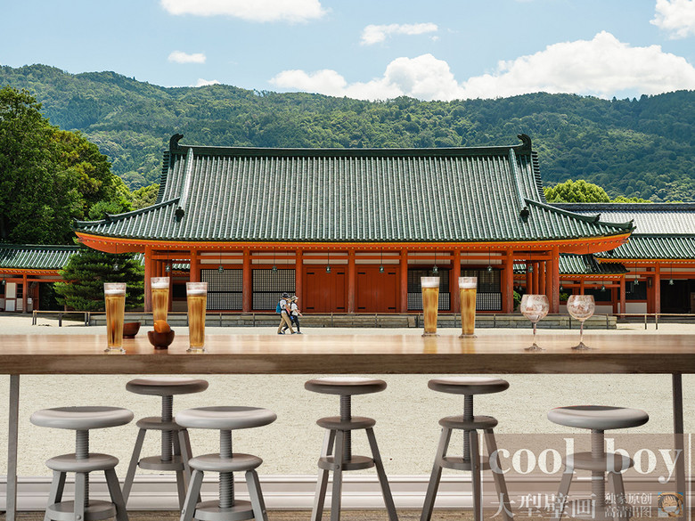 现代简约环山抱水古典寺庙建筑风景背景墙(图