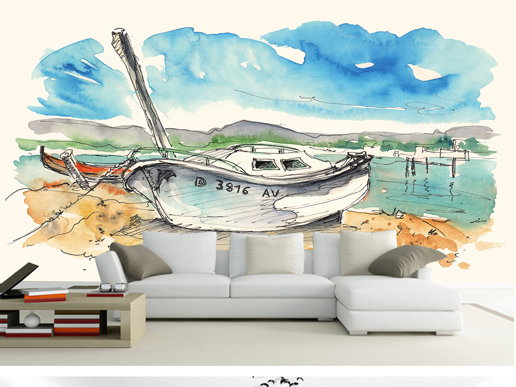 抽象水彩画游艇海景水彩画背景墙