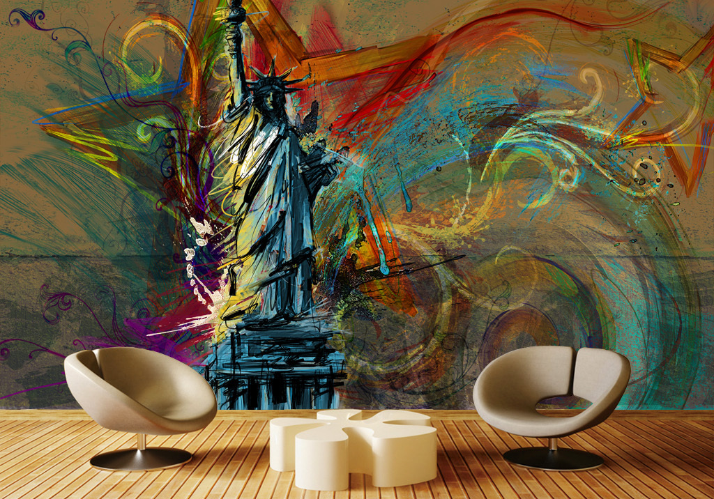 欧美流行涂鸦自由女神酒吧背景墙