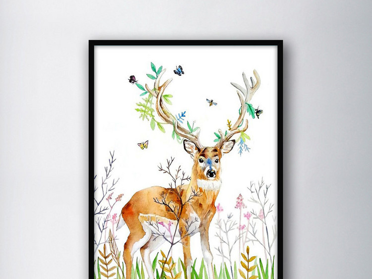 北欧简约手绘水彩画麋鹿唯美室内家居装饰画