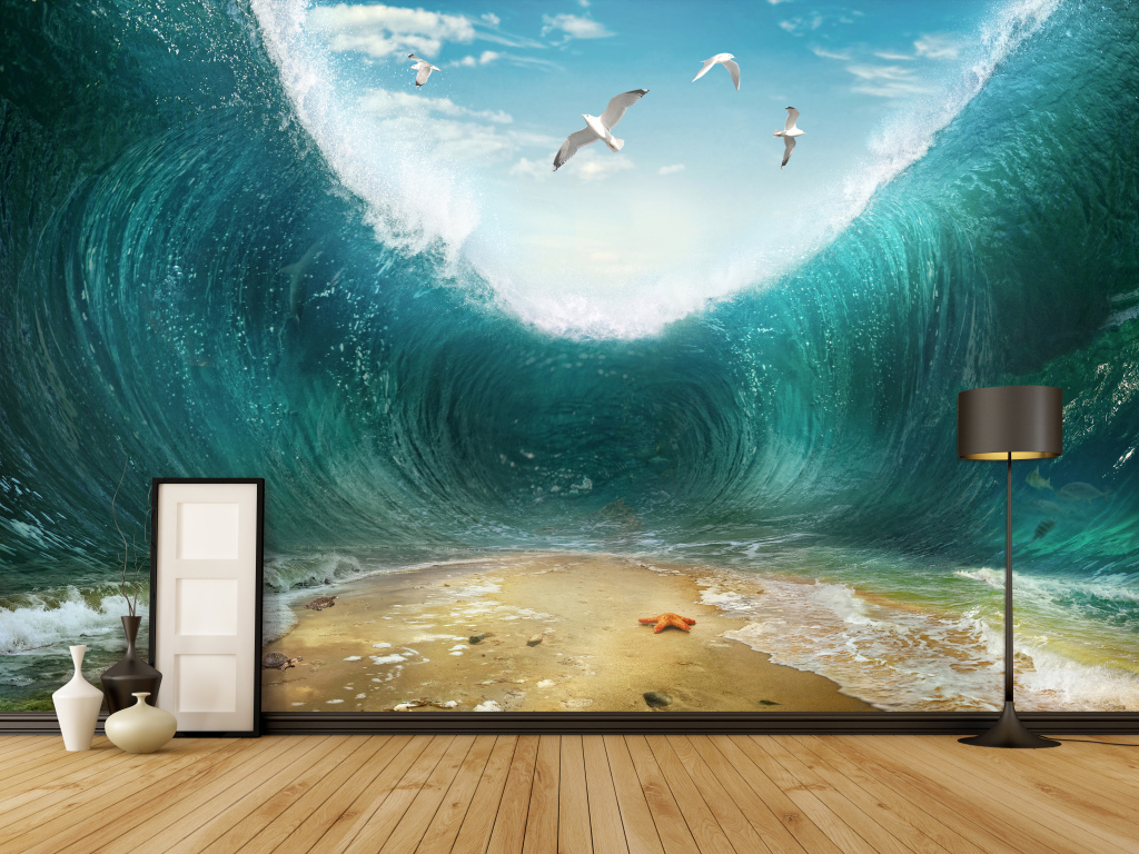 大海波涛汹涌海浪3D风景背景墙壁画