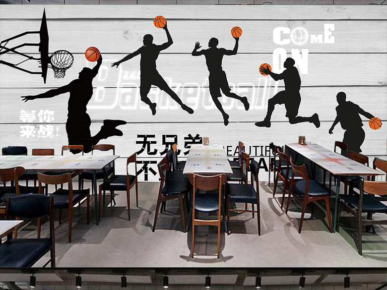 时尚剪影木板篮球俱乐部背景墙(图片编号:158