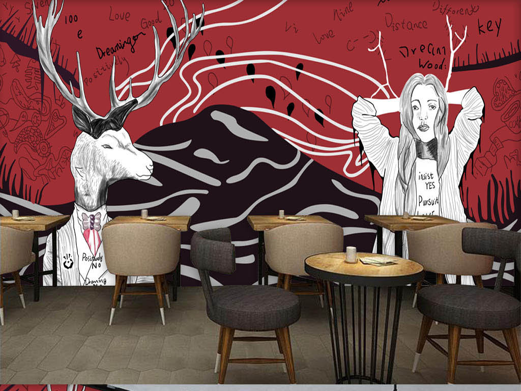 欧美手绘麋鹿服装店咖啡店背景墙