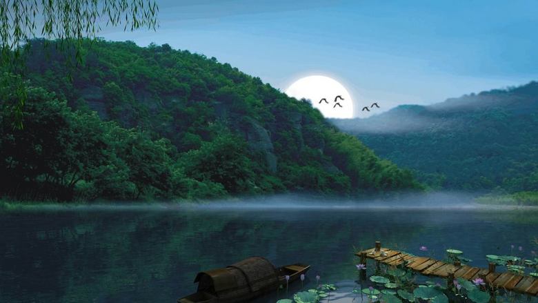 意境码头水湾小船飘荡飞鹤动画生态湿地(图片