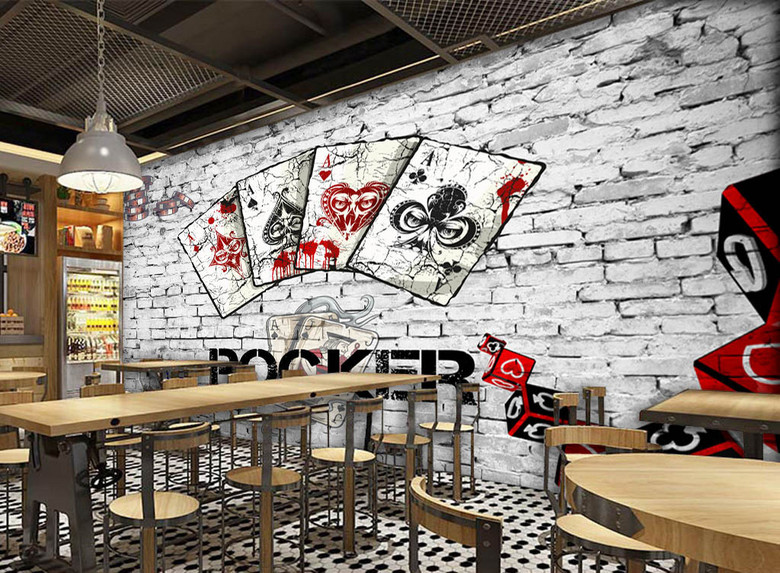 欧美复古砖墙扑克棋牌娱乐酒吧棋牌室背景墙(