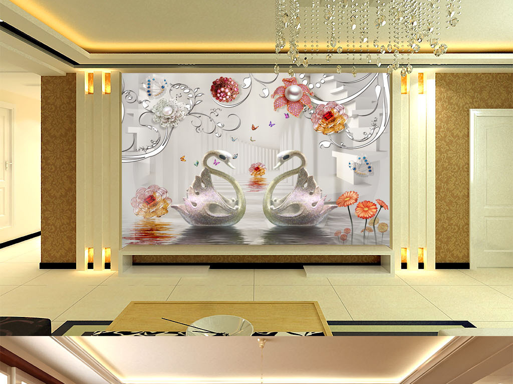 我图网提供精品流行3D珠宝天鹅壁画客厅电视背景墙素材下载,作品模板源文件可以编辑替换,设计作品简介: 3D珠宝天鹅壁画客厅电视背景墙 位图, RGB格式高清大图,使用软件为 Photoshop CS6(.psd) 3d立体奢华天鹅花朵软包珠宝电视背景墙 2016新款金色豪华客厅背景墙 唯美简欧式室内设计装修效果图 婚房装修壁画