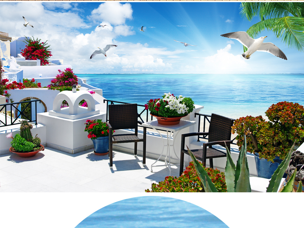 希腊爱琴海唯美海景3D电视背景墙