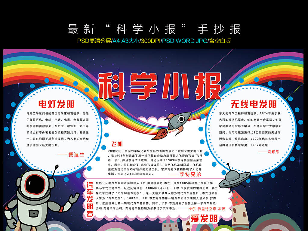 我图网提供精品流行精美科技小报伟大发明科普手抄报素材下载,作品模板源文件可以编辑替换,设计作品简介: 精美科技小报伟大发明科普手抄报 位图, CMYK格式高清大图,使用软件为 Photoshop CC(.psd)