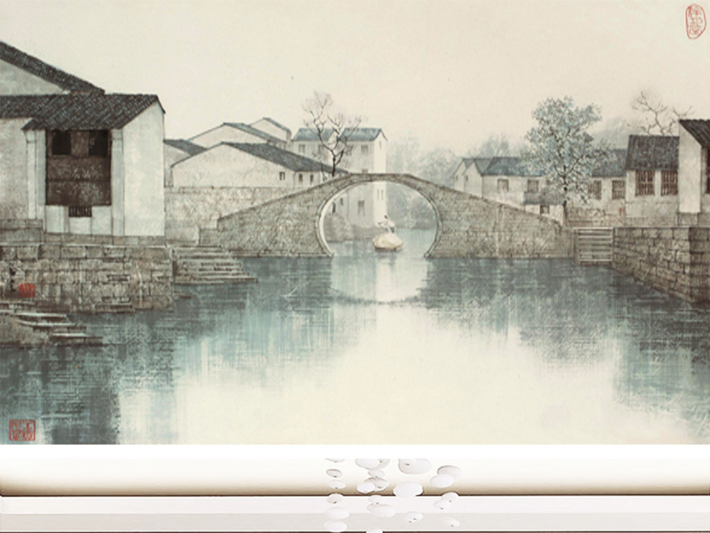 原创水墨江南古典山水中式背景墙版权可商用