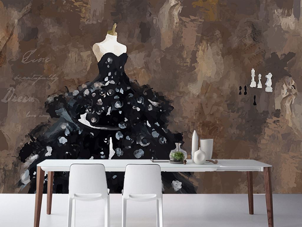 复古手绘黑天鹅婚纱服装店工装背景墙