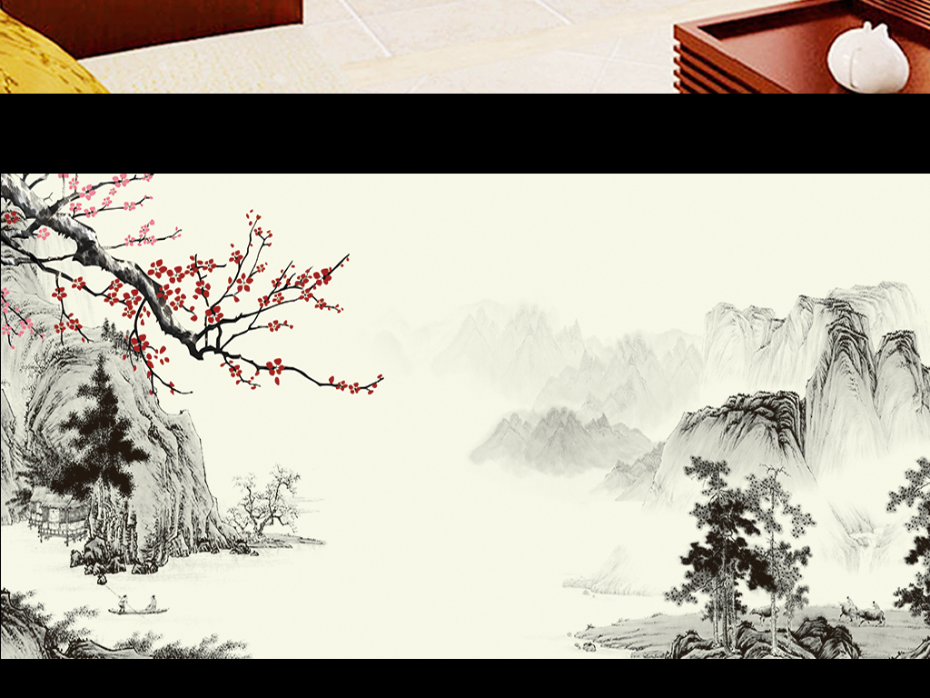 海纳百川梅花国画山水电视背景墙图片