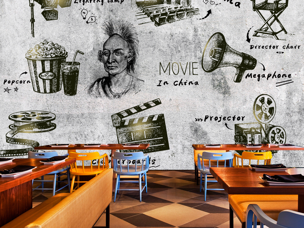 复古怀旧水泥墙电影题材餐厅KTV背景墙