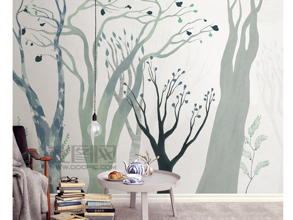 手绘现代简约北欧树林背景墙装饰画