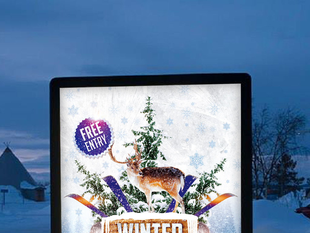 圣诞节的驯鹿雪橇创意冬季酒吧派对宣传海报