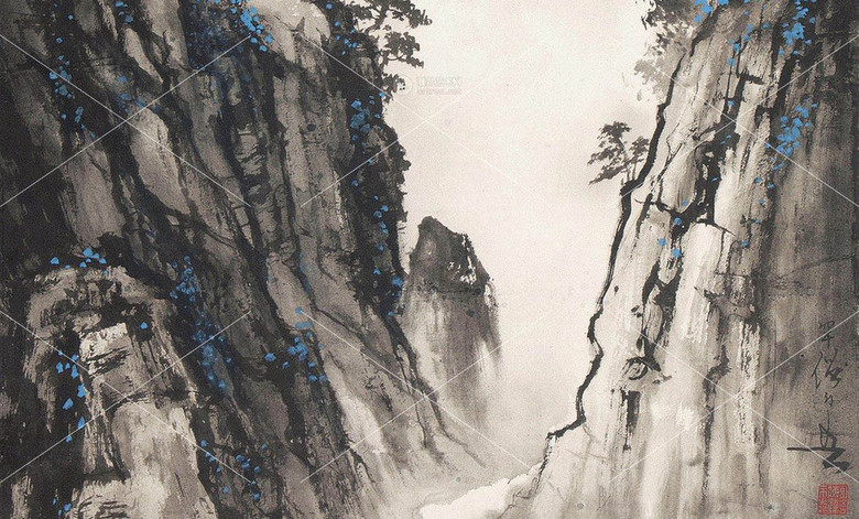 迎客松黄山泰山秦岭山川流河山水画水墨画(图