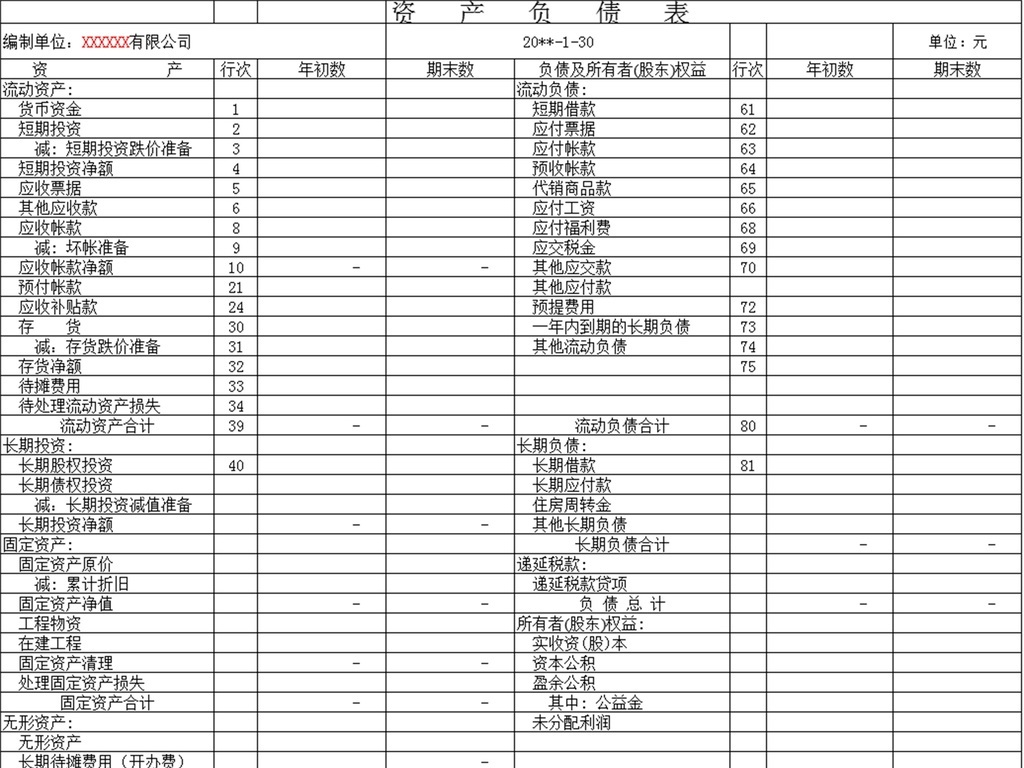 企业公司资产负债表模版