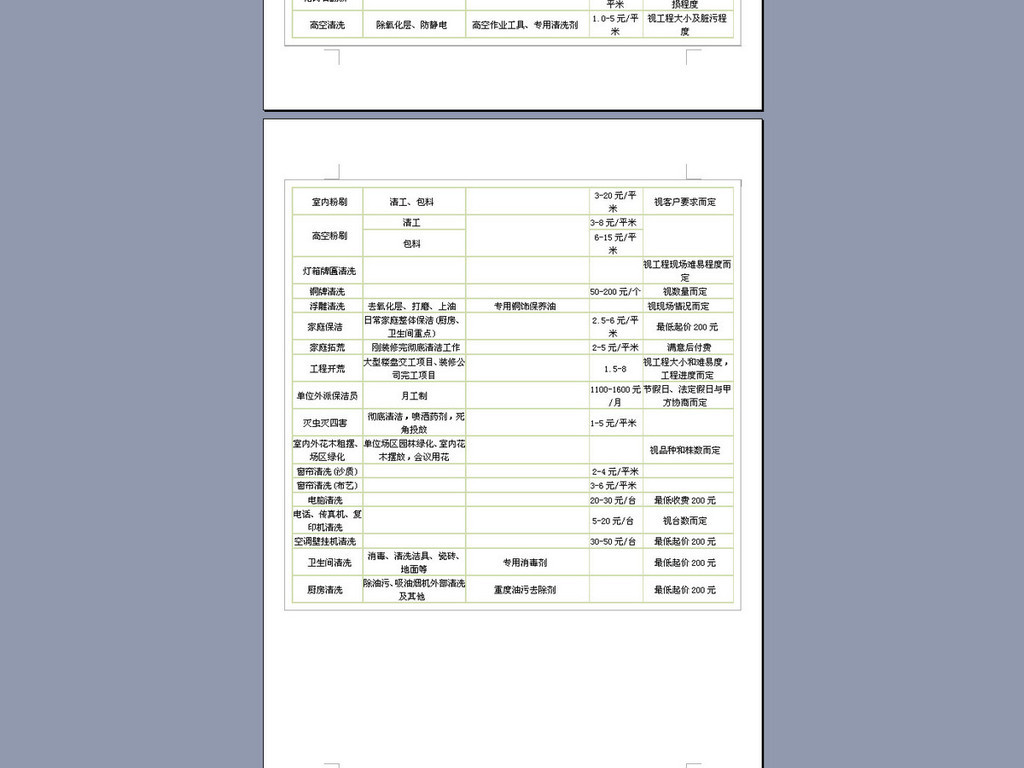 保洁服务报价单word模板下载
