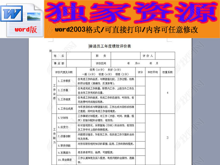 普通员工年度绩效评价表