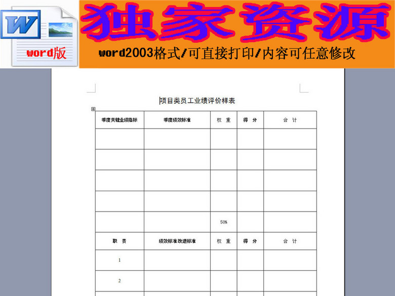 项目类员工业绩评价样表(图片编号:15944275