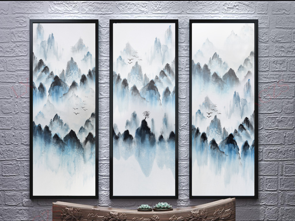 新中式群峰百川三联装饰画艺术三连画