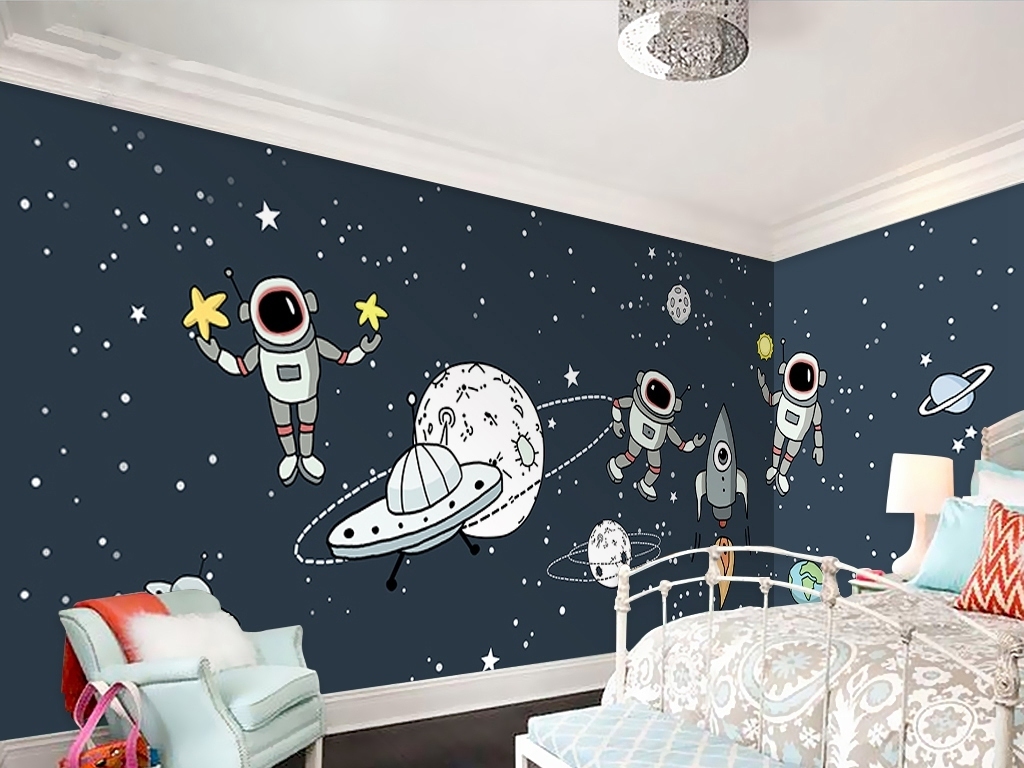 手绘太空星空儿童房背景墙装饰画图片