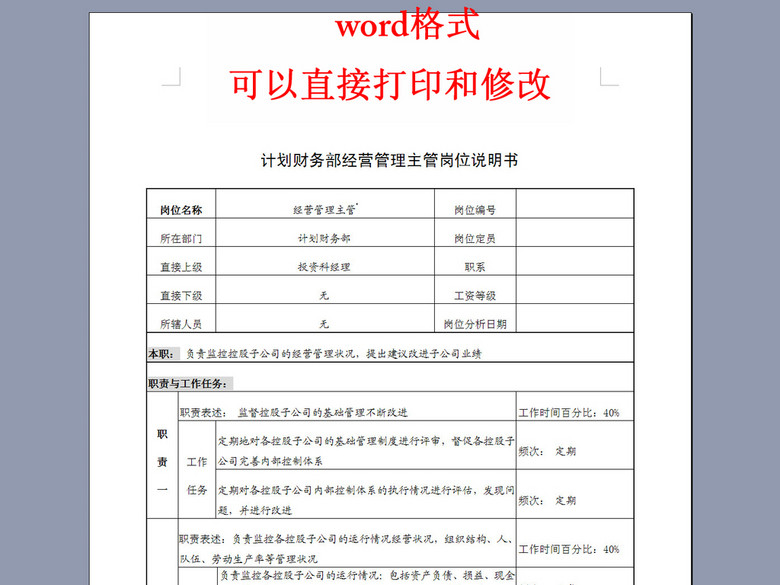 计划财务部经营管理主管岗位说明书(图片编号