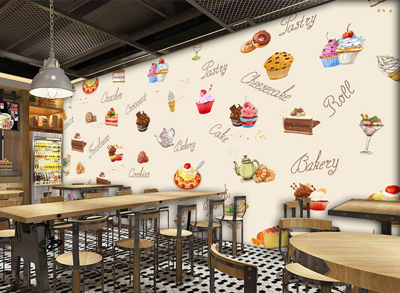 欧美手绘蛋糕店甜品店背景墙(图片编号:15960