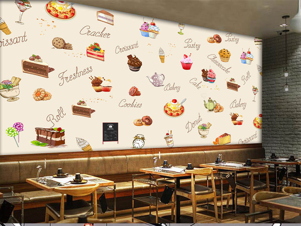原创欧美手绘蛋糕店甜品店背景墙版权可商用