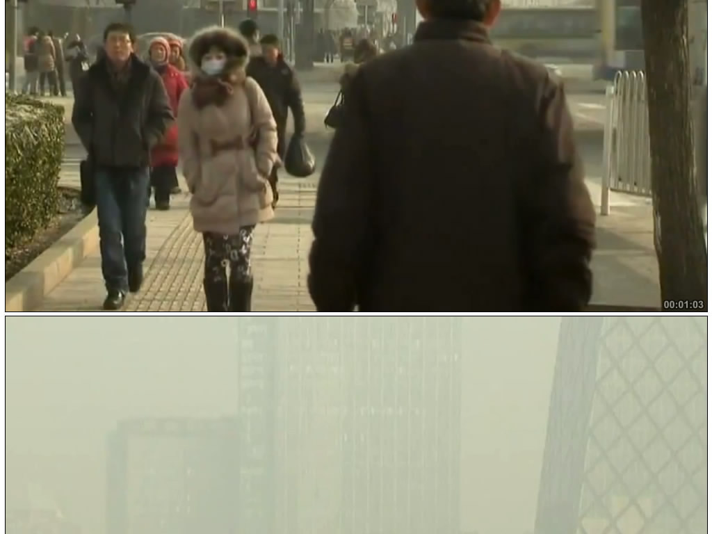 实拍北京城市雾霾空气污染带口罩人群