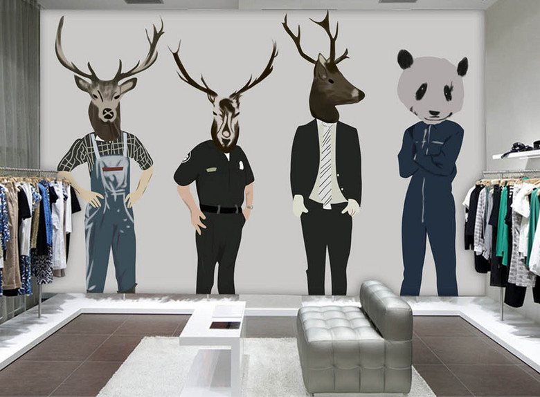 欧美手绘抽象动物男装店服装店背景墙(图片编
