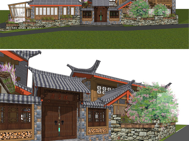 中式丽江古镇民宿客栈旅店SU模型(图片编号:1