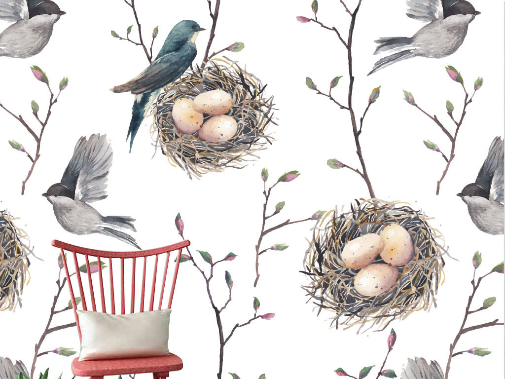 唯美手绘鸟鸟窝树枝清新背景墙壁纸墙纸